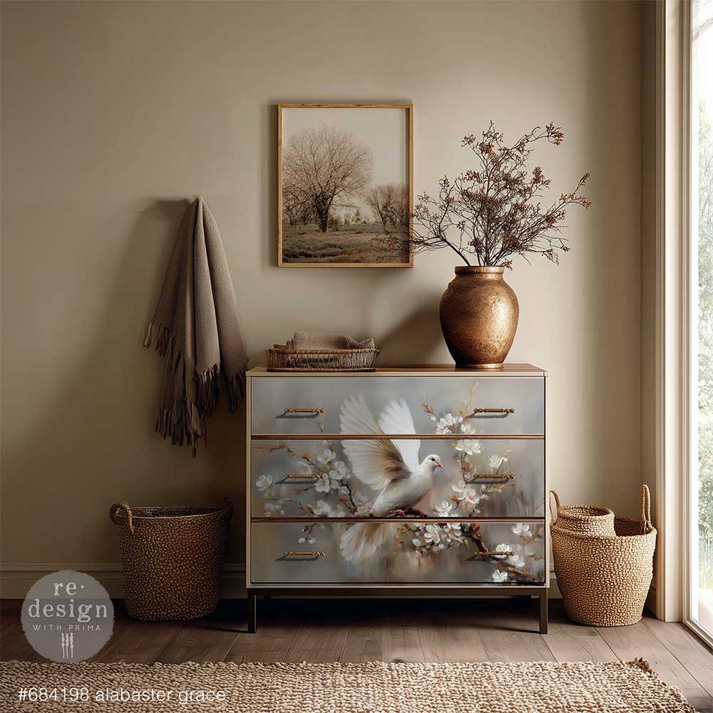Re-Design with Prima Kacha Decoupage Fiber, Alabaster Grace, White Dove, Blossoms, Mixed Media, A1 23.4" x 33.1"