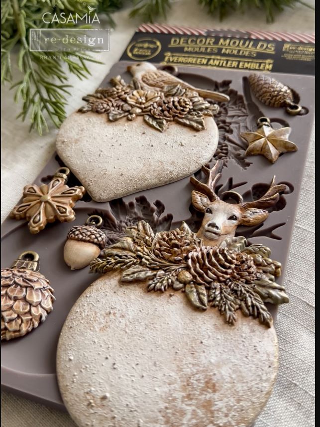 Redesign with Prima Silicone Mold, Decor Moulds, Evergreen Antler Emblem, Deer, Bird, Christmas Ornaments, 5″x8″x8mm, Food Safe, 2026 Q3