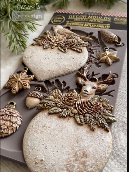 Redesign with Prima Silicone Mold, Decor Moulds, Evergreen Antler Emblem, Deer, Bird, Christmas Ornaments, 5″x8″x8mm, Food Safe, 2026 Q3
