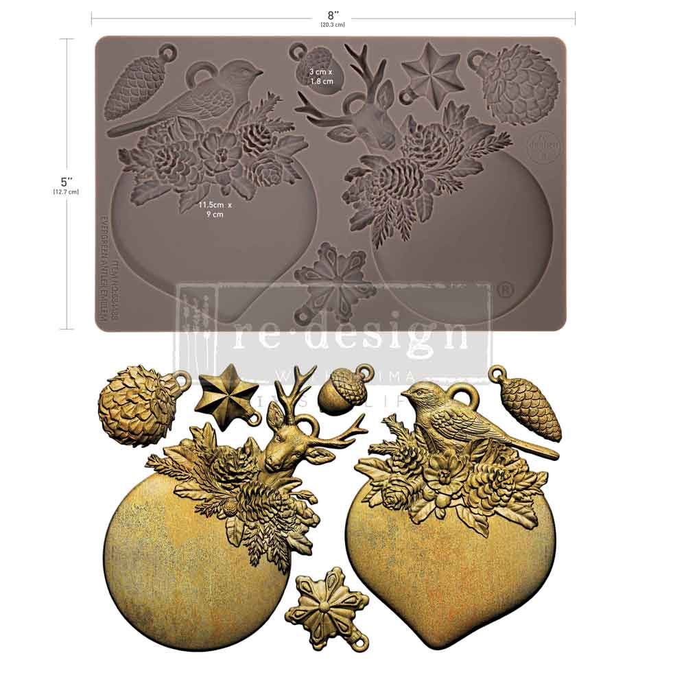 Redesign with Prima Silicone Mold, Decor Moulds, Evergreen Antler Emblem, Deer, Bird, Christmas Ornaments, 5″x8″x8mm, Food Safe, 2026 Q3