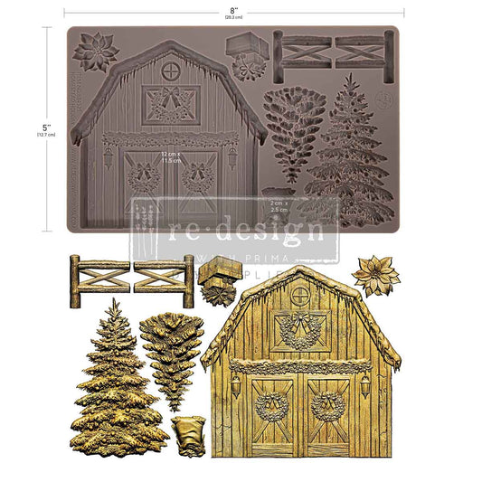 Redesign with Prima Silicone Mold, Country Christmas, Homestead Holiday, Barn,  Pine Trees,  5″x10″x8mm, Food Safe, 2026 Q4