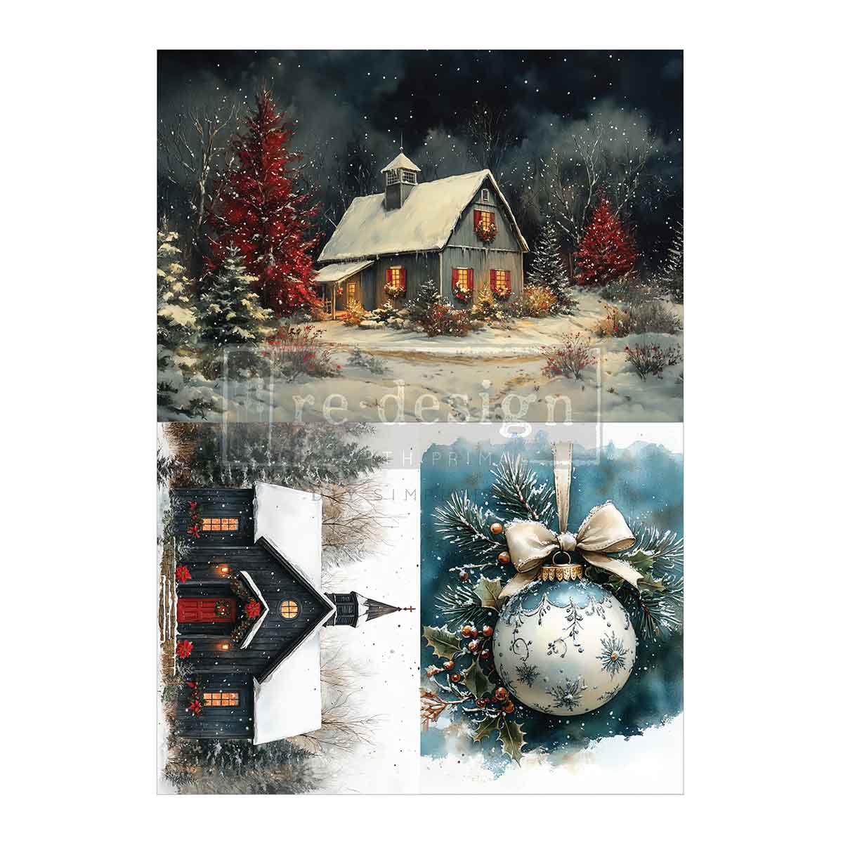Re-Design with Prima, A4 Decoupage Fiber Pack, Silent Timber Memoirs, Country Christmas, Church, House, 2 sheets, 8.3″x11.7″ each