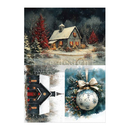 Re-Design with Prima, A4 Decoupage Fiber Pack, Silent Timber Memoirs, Country Christmas, Church, House, 2 sheets, 8.3″x11.7″ each