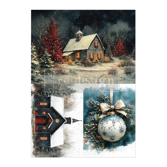 Re-Design with Prima, A4 Decoupage Fiber Pack, Silent Timber Memoirs, Country Christmas, Church, House, 2 sheets, 8.3″x11.7″ each