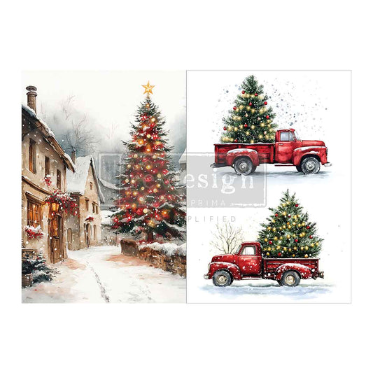 Re-Design with Prima, A4 Decoupage Fiber Pack, Northbound Traditions, Red Vintage Truck, Country Christmas, 2 sheets, 8.3″x11.7″ each