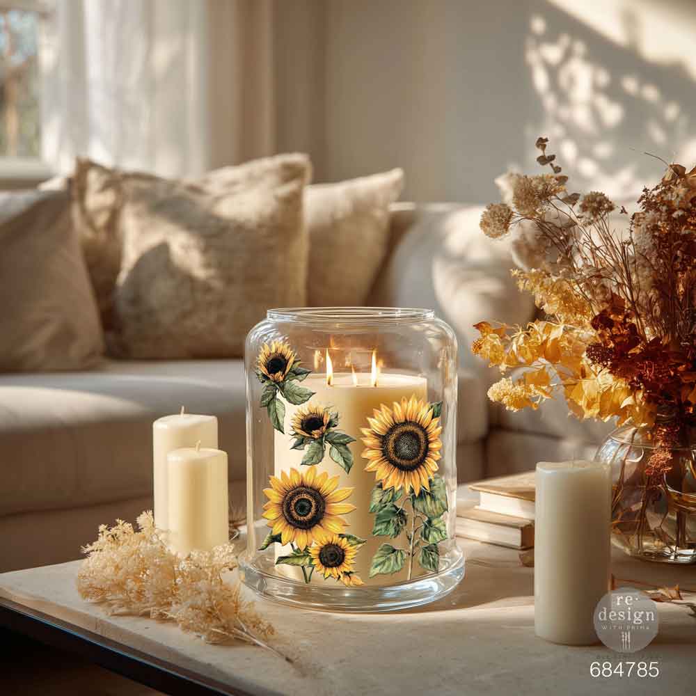 Re-Design with Prima, Rub on, Luxe Transfers, Sun-Drenched Harvest, Sunflowers, 2 sheets, 3.25″x11.5″, 2026 Q3