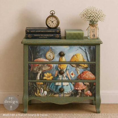 Re-Design with Prima, Decoupage Fiber – A Trail Of Hearts & Hares – 1 sheet, A3 11.7″x16.5″, Alice, Wonderland, Whimsical