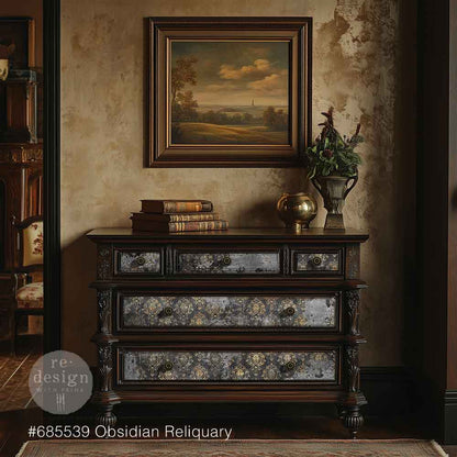 Re-Design with Prima Decoupage Fiber Paper, Obsidian Reliquary, Distressed Charcoal, Gold Textures, 1 sheet, 19.5″x30″