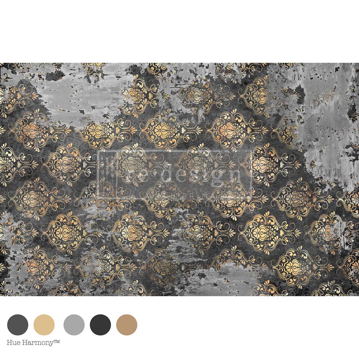 Re-Design with Prima Decoupage Fiber Paper, Obsidian Reliquary, Distressed Charcoal, Gold Textures, 1 sheet, 19.5″x30″