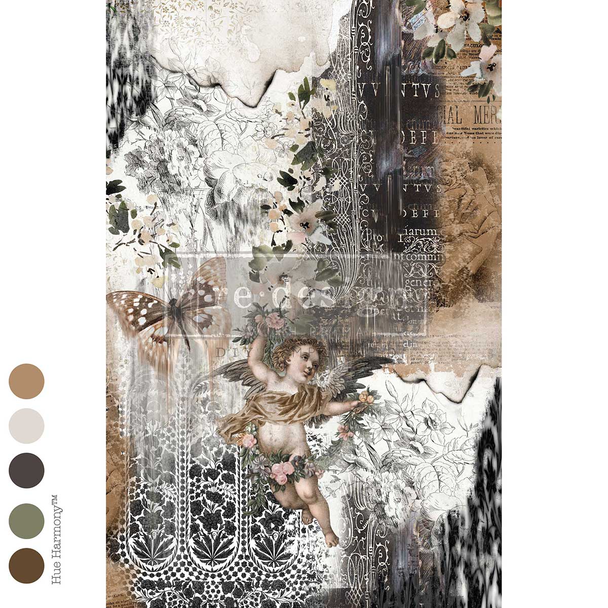 Re-Design with Prima Decoupage Fiber Paper, The Chrysalis Canon, Cherub, Antique Typography, Florals, Distressed, 1 sheet, 19.5″x30″