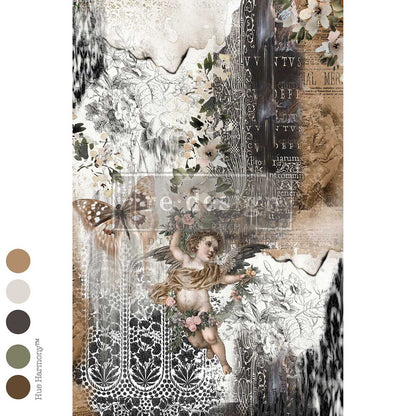 Re-Design with Prima Decoupage Fiber Paper, The Chrysalis Canon, Cherub, Antique Typography, Florals, Distressed, 1 sheet, 19.5″x30″