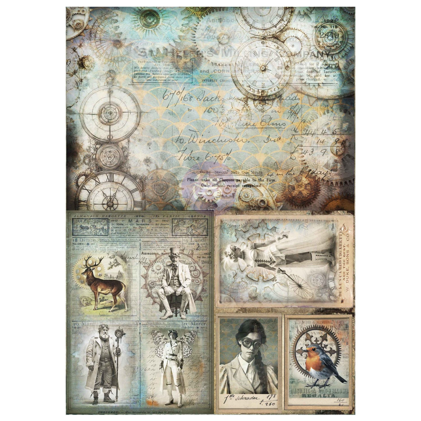 Re-Design with Prima, Finnabair, Decoupage Fiber, Time Traveler, Steam and Frost, Steampunk, Clocks, Gears, Mixed Media, Crafts, 1 sheet, A3 11.7″x16.5