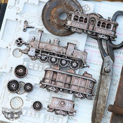 Prima Marketing, Finnabair Moulds, Steampunk Express, Christmas, Vintage Locomotives, Train Cars, Mechanical Keys, 5″x8″x8mm