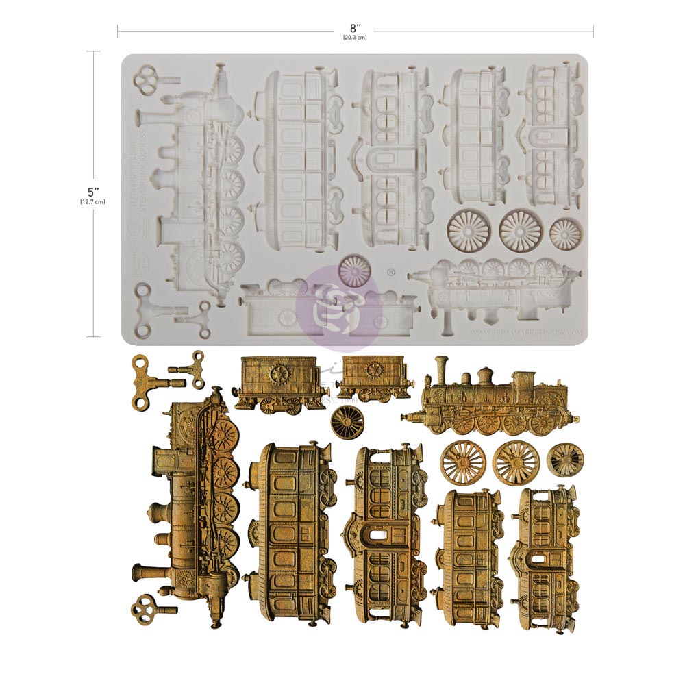 Prima Marketing, Finnabair Moulds, Steampunk Express, Christmas, Vintage Locomotives, Train Cars, Mechanical Keys, 5″x8″x8mm