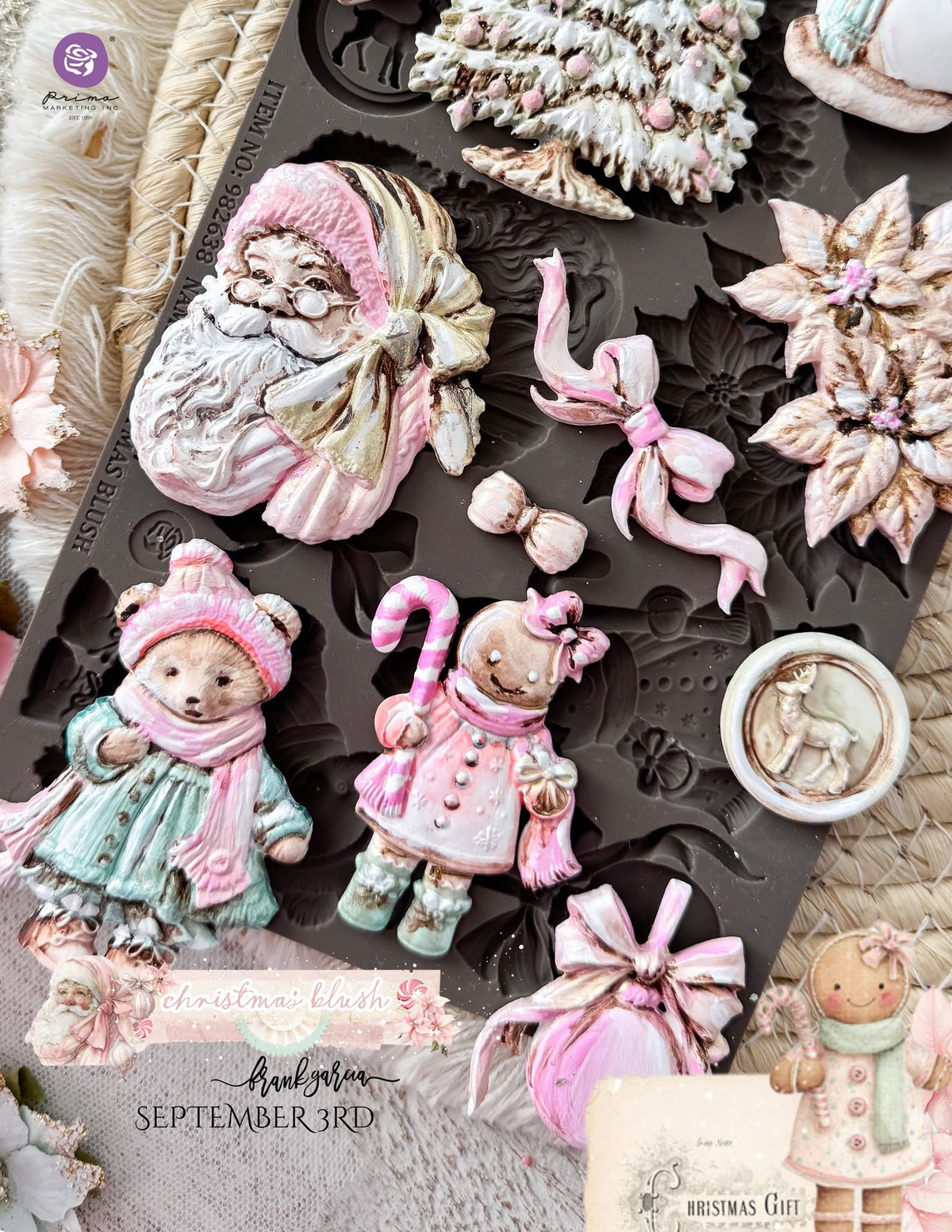 Prima Marketing, Christmas Blush Collection, Silicone Mould, Frank Garcia, Holiday Elements, Snowman, Tree, Teddy Bear, Ornaments, 5″x8″x8mm