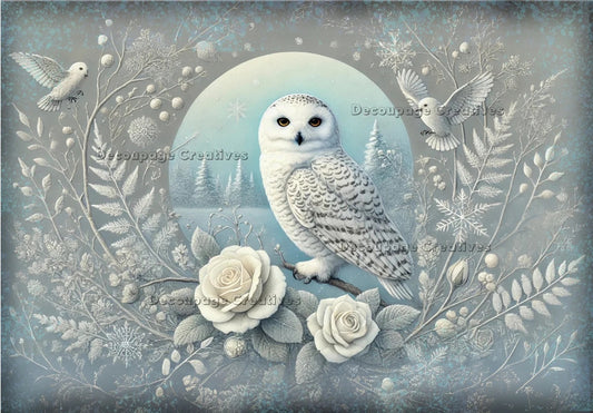 Decoupage Creatives, Rice Paper, Snow, Rose, Owls, Winter, Forest, Snow,  Mixed Media, Christmas, A4 8.27 X 11.69, DPD659