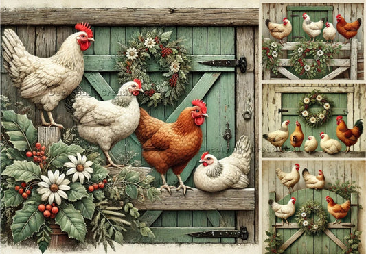 Decoupage Creatives, Rice Paper, Holiday, Christmas, Hens, Farm, Barn, Country, Snow, Mixed Media, Christmas, A4 8.27 X 11.69, DPD661