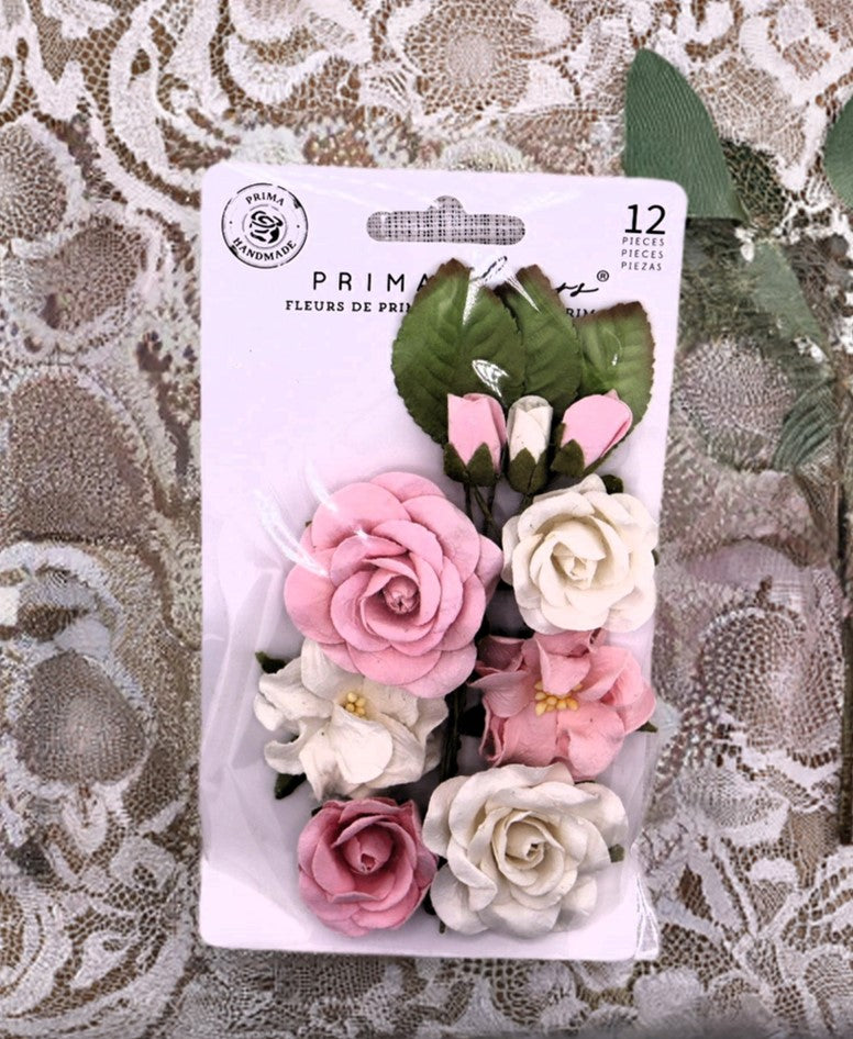 Prima Marketing, Handmade Paper Flowers, Avec Amour collection, Melodic Song, 12 Piece, Pink, White, Roses, Scrapbooking, Mixed Media 664497