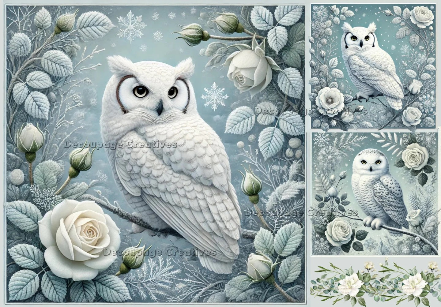 Decoupage Creatives, Rice Paper, Snow, Rose, Owl, Winter, Forest, Snow, Squares, Mixed Media, Christmas, A4 8.27 X 11.69, DPD666