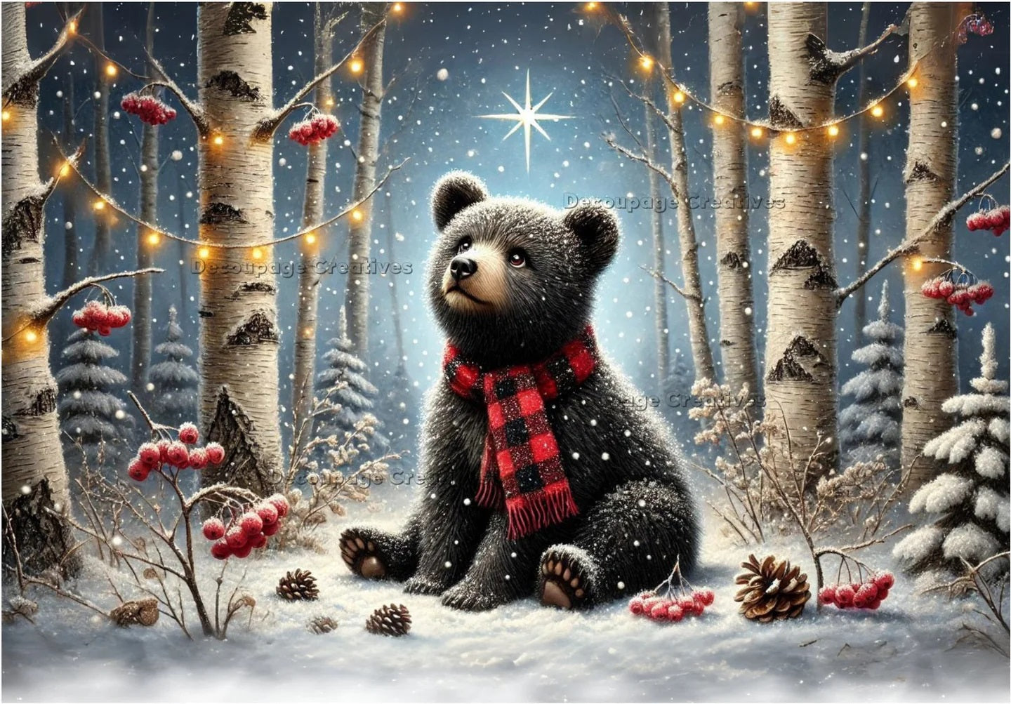 Decoupage Creatives, Rice Paper, Holiday, Christmas, Little Black Bear, Stary Night, Mixed Media, Christmas, A4 8.27 X 11.69, DPD668