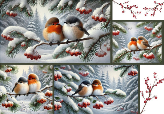 Decoupage Creatives, Rice Paper for Decoupage, Winter Birds, Snow, Holiday, Mixed Media, Christmas, A4 8.27 X 11.69, DPD-669