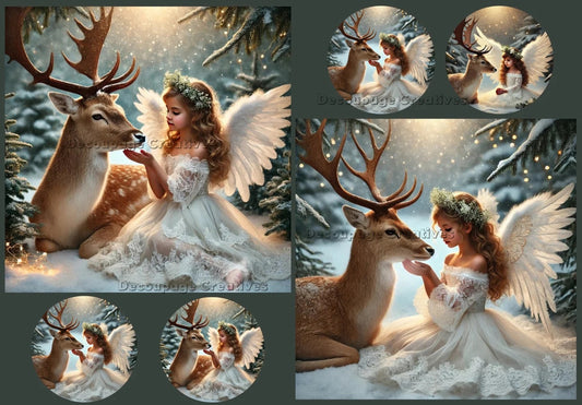 Decoupage Creatives, Rice Paper, Decoupage, Mixed Media, Christmas, Angels, Deer, Winter, Fantasy, Forest, A4 8.27 X 11.6 DPD670