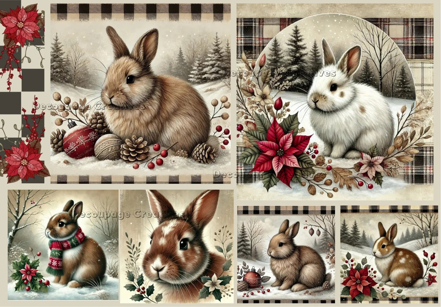 Decoupage Creatives, Rice Paper for Decoupage, Winter Bunnies, Snow, Holiday, Mixed Media, Christmas, A4 8.27 X 11.69, DPD-671