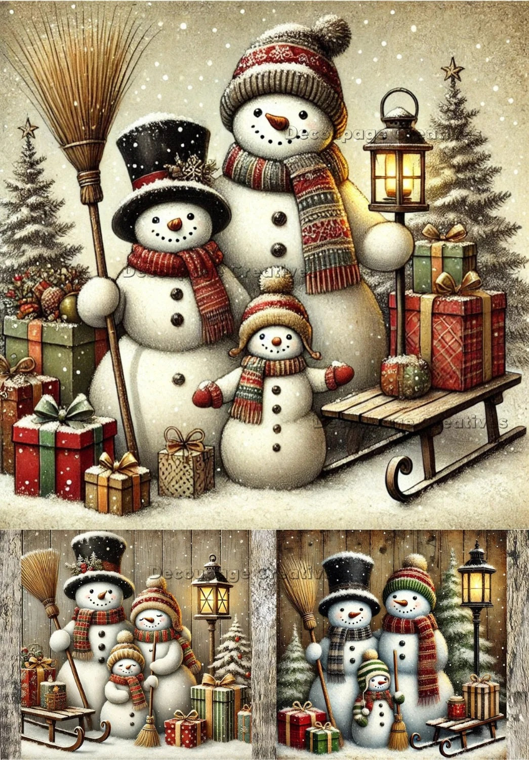 Decoupage Creatives, Rice Paper for Decoupage, Snowman, Family, Vintage, Holiday, Mixed Media, Christmas, A4 8.27 X 11.69, DPD-681