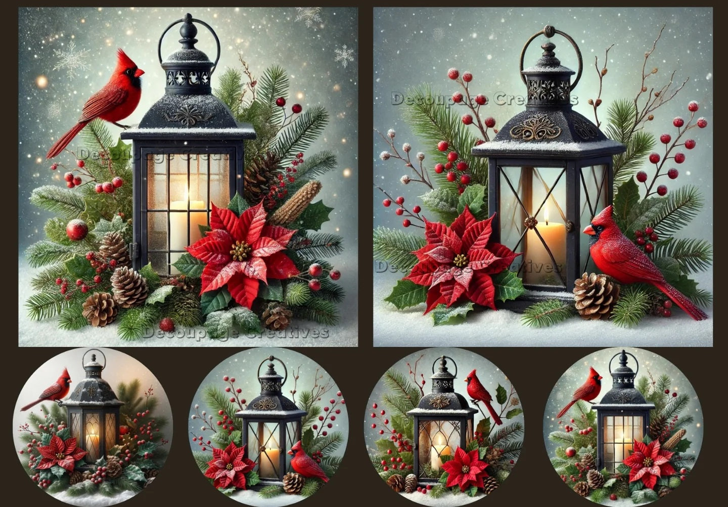 Decoupage Creatives, Rice Paper for Decoupage, Cardinals, 6 Squares, Lanterns, Mixed Media, Christmas, Garland, A4 8.27 X 11.69, DPD-682