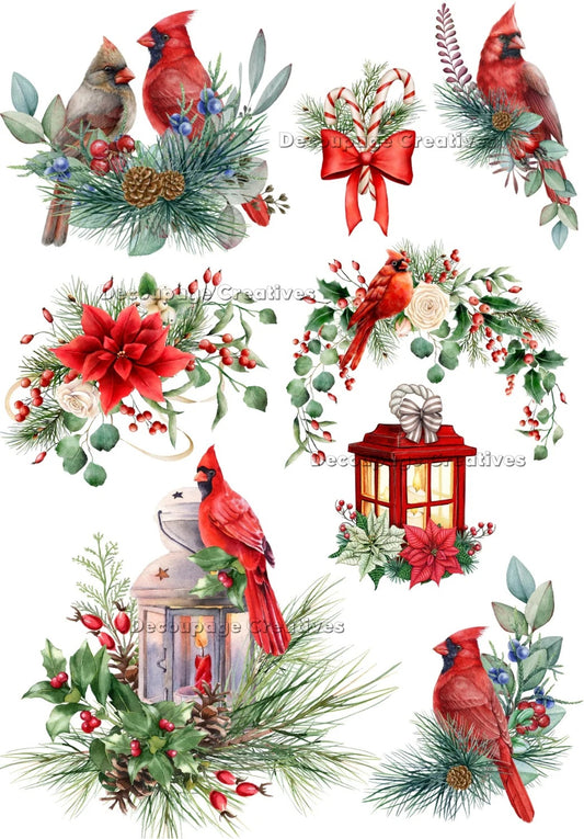 Decoupage Creatives, Rice Paper for Decoupage, Cardinals, 6 Squares, Lanterns, Mixed Media, Christmas, A4 8.27 X 11.69, DPD-684