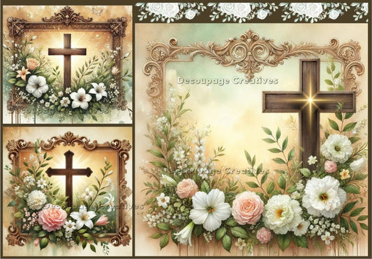 Decoupage Creatives, Rice Paper for Decoupage, Mixed Media, Spring, Sunrise, Crosses, Shabby Chic, Flowers, Squares, A4 8.27 X 11.6 DPD689