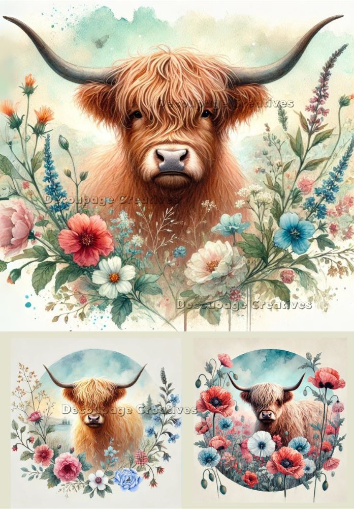 Decoupage Creatives, Rice Paper for Decoupage, Mixed Media, Spring, Highland Cows, Wreaths, Shabby Chic, Flowers A4 8.27 X 11.6 DPD702