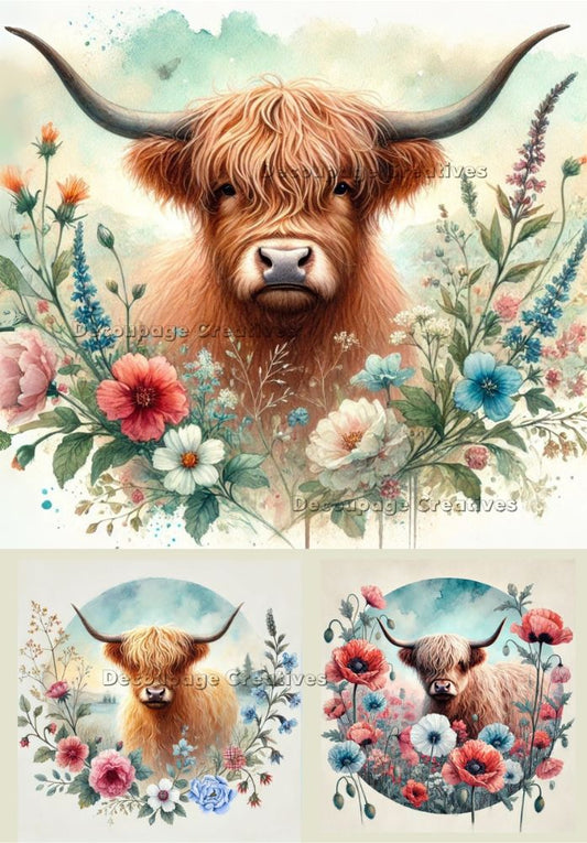 Decoupage Creatives, Rice Paper for Decoupage, Mixed Media, Spring, Highland Cows, Wreaths, Shabby Chic, Flowers A4 8.27 X 11.6 DPD702