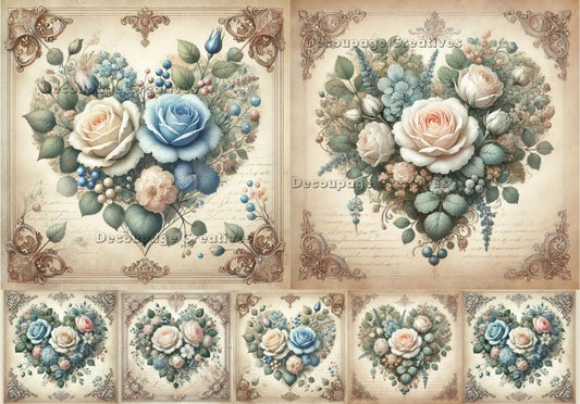 Decoupage Creatives, Rice Paper,  Mixed Media, Flower, Victorian Hearts, Valentines, Shabby Chic, Flowers, Squares A4 8.27 X 11.69, DPD-715