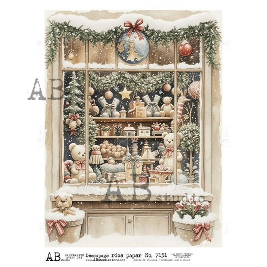 AB Studio, Rice Paper, Christmas, Window Scene, Toy Shop, Snow, 7151,  A4 8.27 X 11.69  Decoupage, Mixed Media