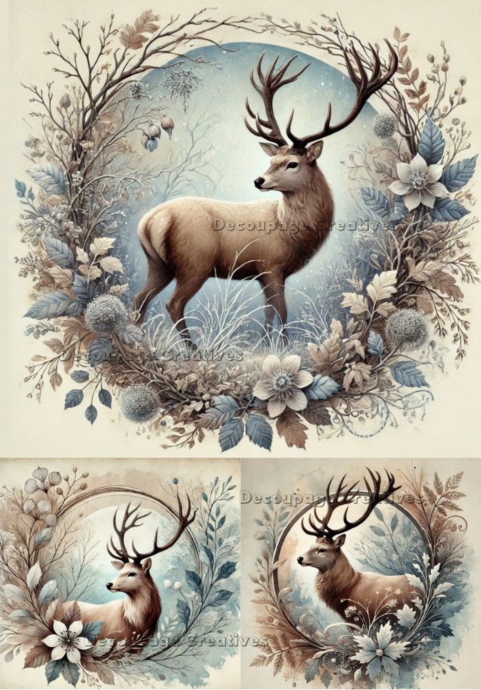 Decoupage Creatives, Rice Paper for Decoupage, Mixed Media, Foggy Woodland, Deer, Wreaths, Squares, Shabby Chic, A4 8.27 X 11.6 DPD719