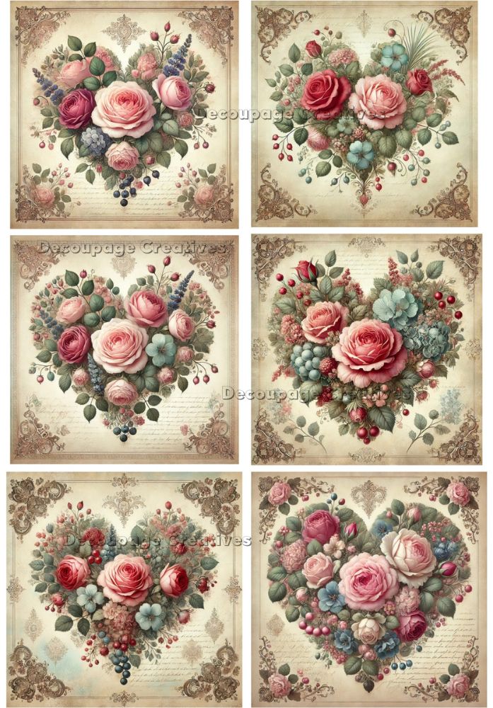 Decoupage Creatives, Rice Paper,  Mixed Media, Flower, Victorian Hearts, Valentines, Shabby Chic, Flowers, Squares A4 8.27 X 11.69, DPD-720