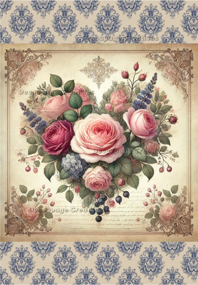 Decoupage Creatives, Rice Paper,  Mixed Media, Flower, Victorian Heart, Valentines, Shabby Chic, Flowers, Roses, A4 8.27 X 11.69, DPD-721