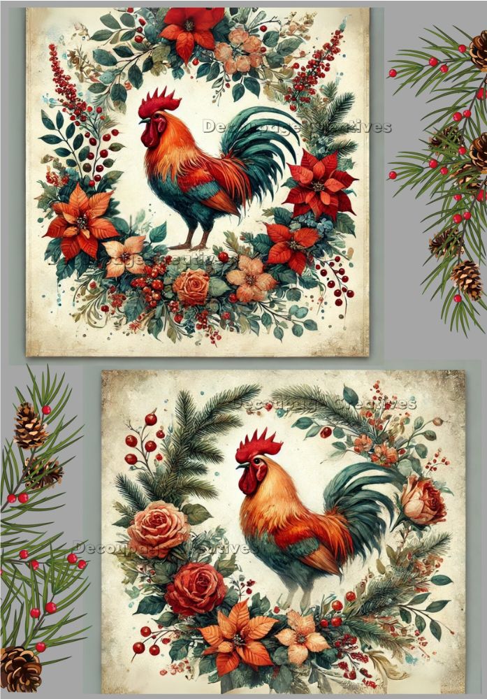 Decoupage Creatives, Rice Paper, Vintage Roosters, Wreaths, Cards, Squares, Mixed Media, Country, Floral Wreaths, A4 8.27 X 11.69, DPD-723