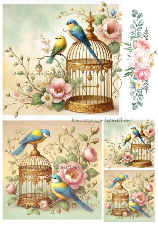 Decoupage Creatives, Rice Paper, Spring Birds, Cages, Flowers, Cards, Squares, Mixed Media, Squares, Flowers, A4 8.27 X 11.69, DPD-731