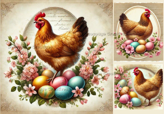 Decoupage Creatives, Rice Paper, Mixed Media, Easter, Eggs, Roosters, Spring, Squares, Flowers, Squares A4 8.27 X 11.69, DPD-739