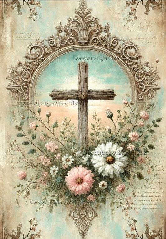 Decoupage Creatives, Rice Paper for Decoupage, Mixed Media, Spring, Easter, Wreath, Cross, Shabby Chic, Flowers, A4 8.27 X 11.6 DPD741