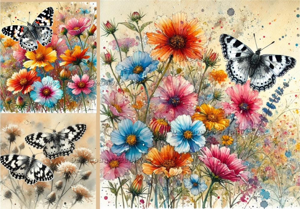 Decoupage Creatives, Rice Paper, Spring, Flowers, Butterflies, Cards, Squares, Mixed Media, Squares, A4 8.27 X 11.69, DPD-752