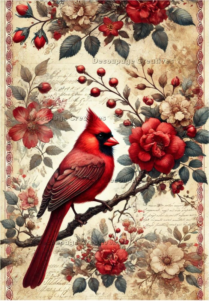 Decoupage Creatives, Rice Paper, Mixed Media, Red Floral Cardinals, Birds, Spring, Flowers,A4 8.27 X 11.69, DPD-757