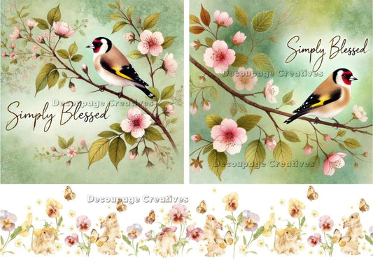 Decoupage Creatives, Rice Paper, Spring, Flowers, Birds, Blesses, Cards, Squares, Mixed Media, Squares, A4 8.27 X 11.69, DPD-758