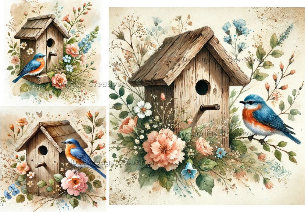 Decoupage Creatives, Rice Paper, Spring, Flowers, Bird Houses, Cards, Squares, Mixed Media, Squares, A4 8.27 X 11.69, DPD-763