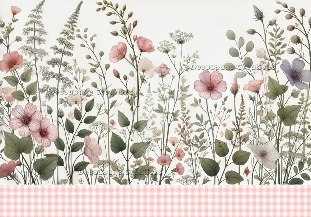 Decoupage Creatives, Rice Paper, Spring, Flowers, Pink Plain, Mixed Media, Wildflowers, Botanical, A4 8.27 X 11.69, DPD-778