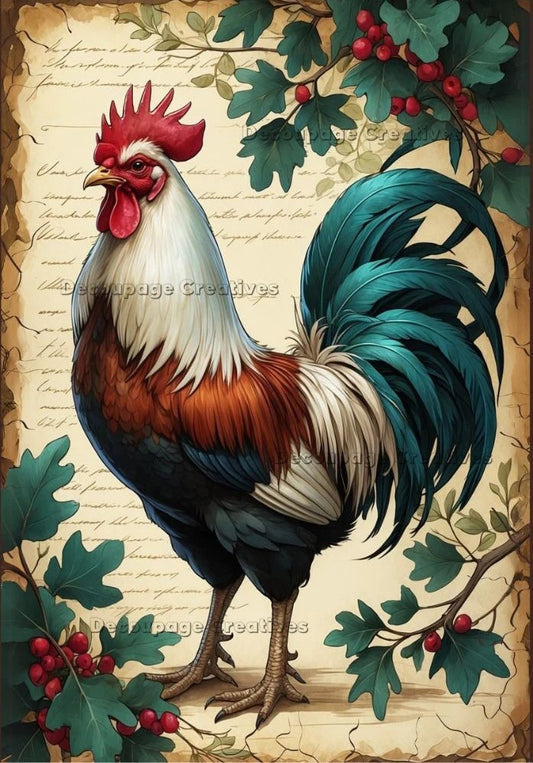 Decoupage Creatives, Rice Paper, Prize Rooster, Country, Colorful, Mixed Media, A4 8.27 X 11.69 DPD816