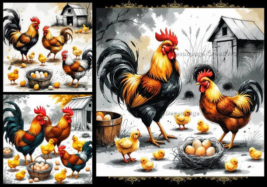 Decoupage Creatives, Rice Paper, Chicken Coop, Country Style, Farm Animals, Squares, Colorful, Mixed Media, A4 8.27 X 11.69 DPD818