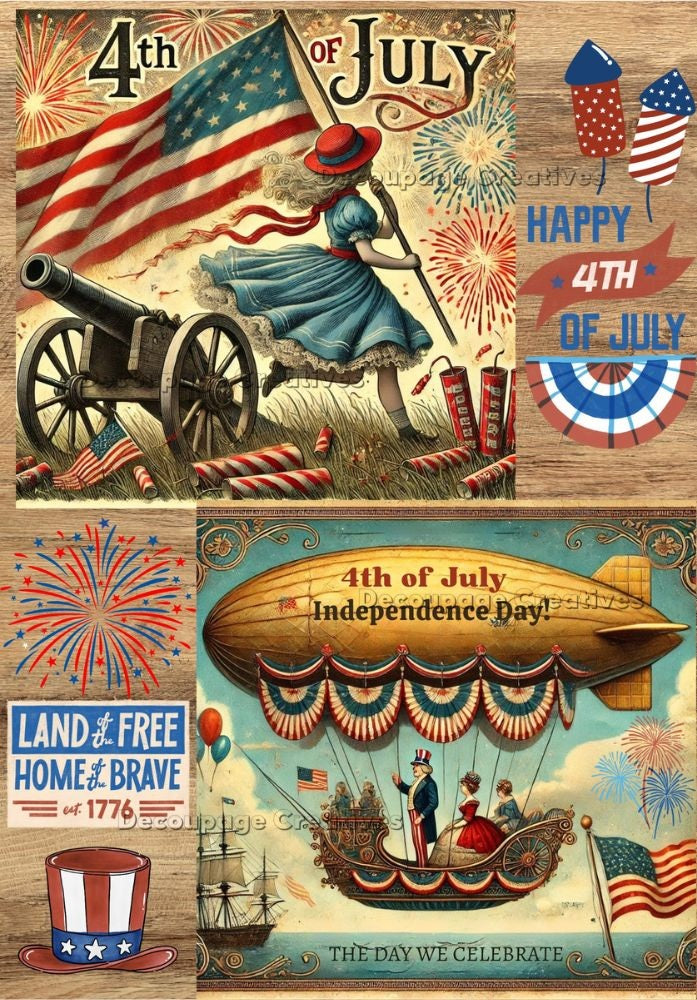 Decoupage Creatives, Rice Paper, Patriotic, Vintage Style, America Postcards, Americana, July 4th, Mixed Media, A4 8.27 X 11.69, DPD823
